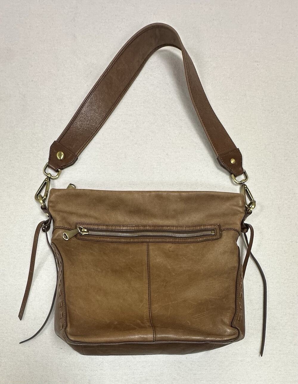 Hobo Brown Crossbody Bucket Bag Soft Leather Stitching Weathered Preppy